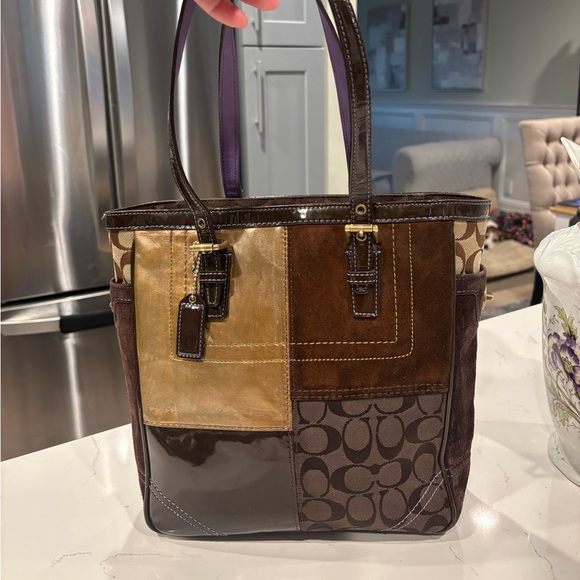 Coach Patchwork Signature Tote in Brown Tan and Purple Trim